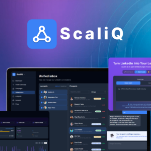 ScaliQ logo on gradient background with overlapping product dashboard screens and a purple promo panel in the foreground (hero image)