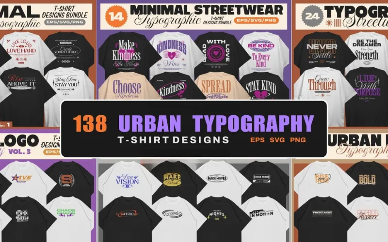 138 Urban Typography T-Shirt Designs Commercial License