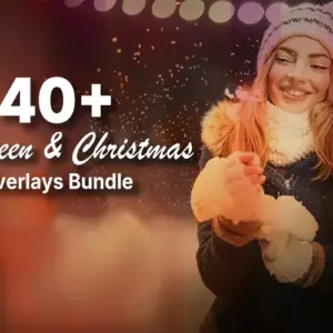 Promo banner advertising a '40+ Halloween & Christmas Overlays Bundle' with a smiling woman in winter clothing on the right and festive bokeh lights in the background