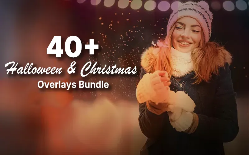 DealsDrean Promo Banner Advertising a 40+ Halloween Christmas Overlays Bundle with a Smiling Woman in Winter Clothing on the Right and Festive Bokeh Lights in the Background