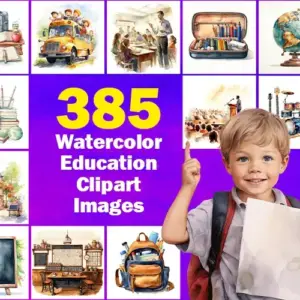 385 Watercolor Educational Clipart Pack