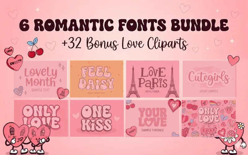 8 Romantic Fonts with Love Cliparts