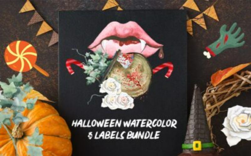 Halloween Watercolor Labels Bundle Extended License