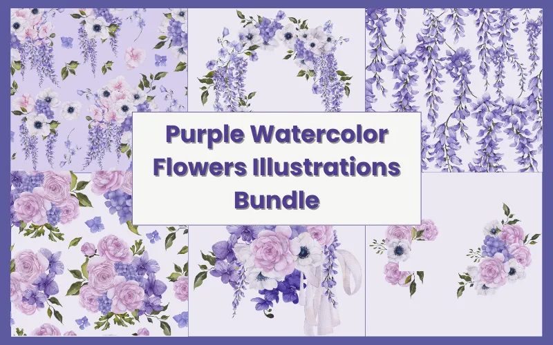 Purple Watercolor Flowers Bundle Extended License